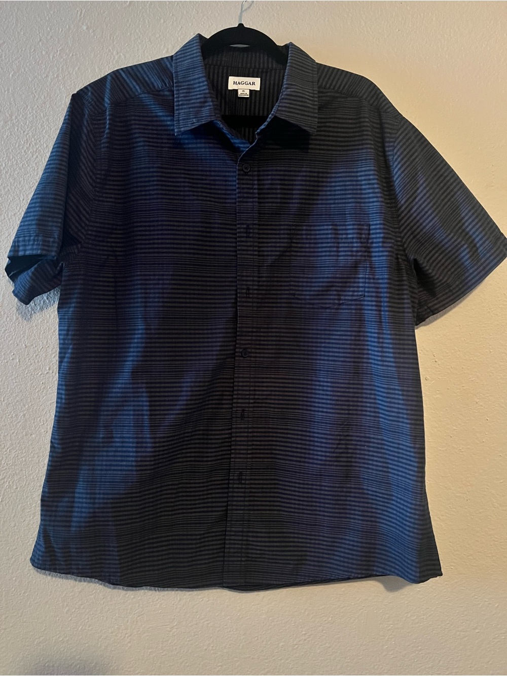 Haggar Short-Sleeve Navy and Black Striped Button-Down Shirt